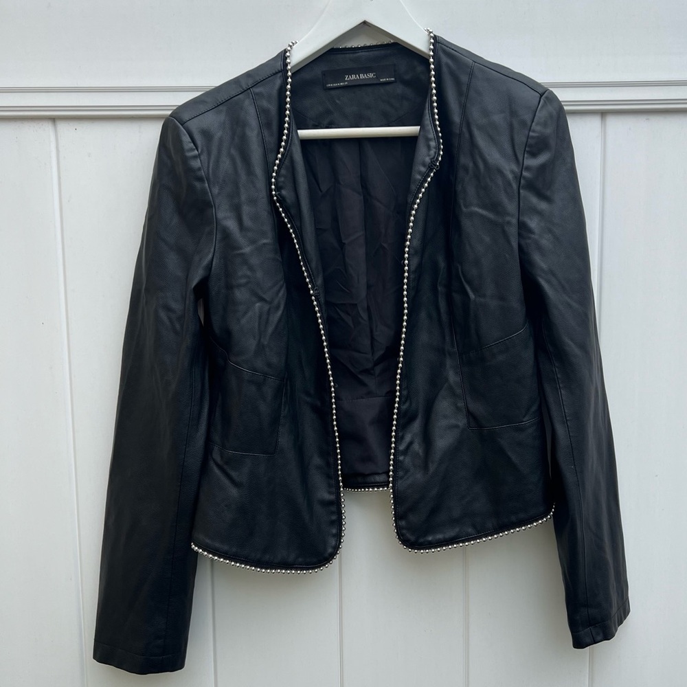 Zara Basic Faux Vegan Leather Silver Beaded/Studded Jacket Size Medium Black